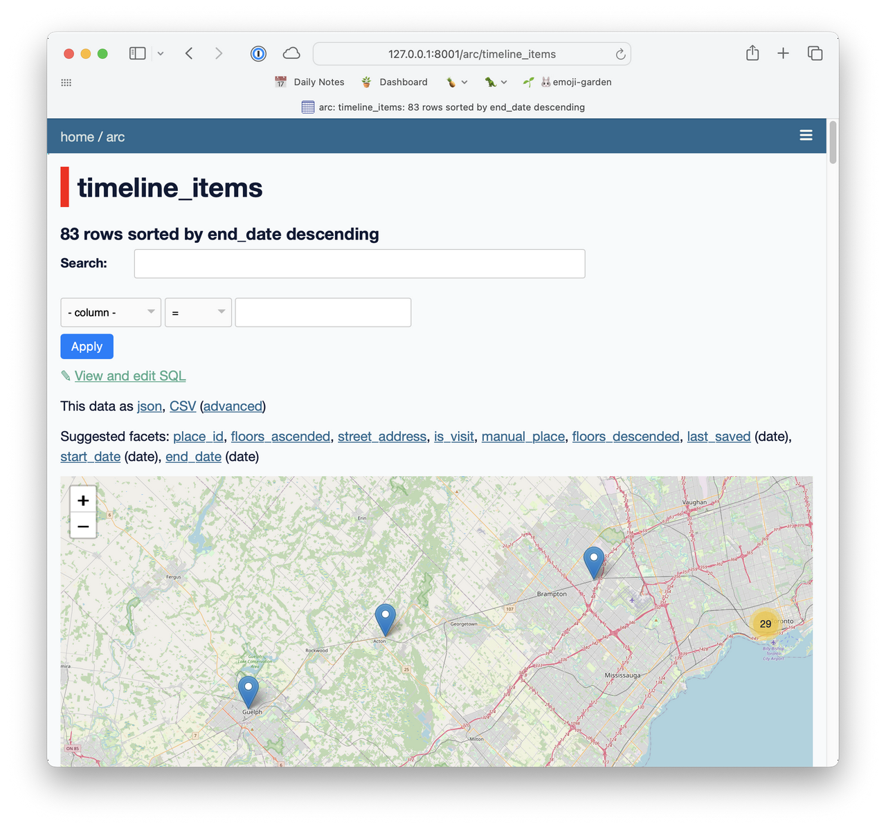 Screenshot of Datasette showing the timeline_items table in a SQLite database. There is a map at the bottom that is showing the locations I traveled in the last few days.
